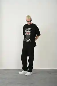 Erkek Baskılı T-Shirt Kısa Kol Bisiklet Yaka Rahat Kalıp Tişört - Siyah