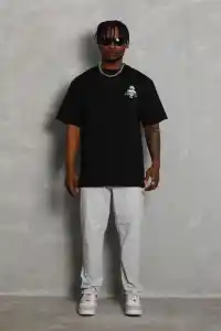 Erkek Baskılı T-Shirt Kısa Kol Bisiklet Yaka Rahat Kalıp Tişört  - Siyah