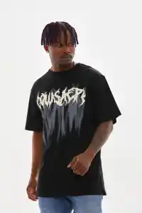 Erkek Baskılı T-Shirt Kısa Kol Bisiklet Yaka Rahat Kalıp Tişört - Siyah