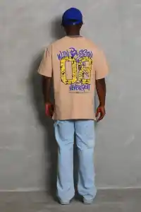 Erkek Baskılı Tişört Kısa Kol Bisiklet Yaka Oversize T-Shirt - Bej