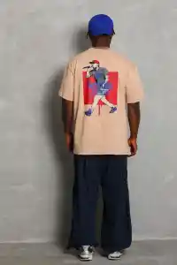 Erkek Baskılı Tişört Kısa Kol Bisiklet Yaka Oversize T-Shirt - Bej