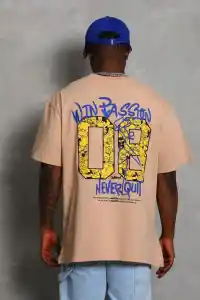 Erkek Baskılı Tişört Kısa Kol Bisiklet Yaka Oversize T-Shirt - Bej