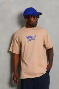 Erkek Baskılı Tişört Kısa Kol Bisiklet Yaka Oversize T-Shirt - Bej