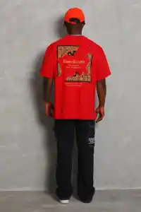 Erkek Baskılı Tişört Kısa Kol Bisiklet Yaka Oversize T-Shirt - Kırmızı