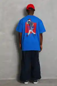 Erkek Baskılı Tişört Kısa Kol Bisiklet Yaka Oversize T-Shirt - Mavi