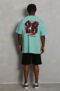 Erkek Baskılı Tişört Kısa Kol Bisiklet Yaka Oversize T-Shirt - Mint Yeşili