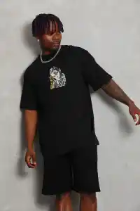 Erkek Baskılı Tişört Kısa Kol Bisiklet Yaka Oversize T-Shirt - Siyah