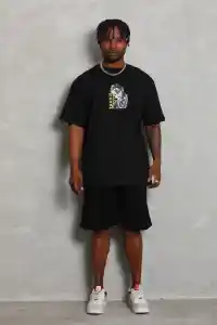 Erkek Baskılı Tişört Kısa Kol Bisiklet Yaka Oversize T-Shirt - Siyah