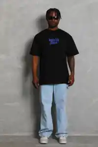Erkek Baskılı Tişört Kısa Kol Bisiklet Yaka Oversize T-Shirt - - Siyah