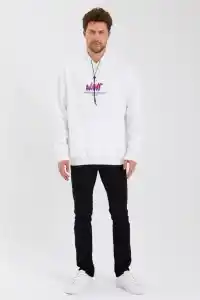 Erkek 3 İplik Pamuklu Kapüşonlu Baskılı Cepli Oversize Sweatshirt Hoodie - Beyaz