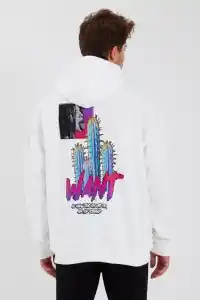 Erkek 3 İplik Pamuklu Kapüşonlu Baskılı Cepli Oversize Sweatshirt Hoodie - Beyaz