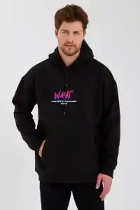 Erkek 3 İplik Pamuklu Kapüşonlu Baskılı Cepli Oversize Sweatshirt Hoodie - Siyah