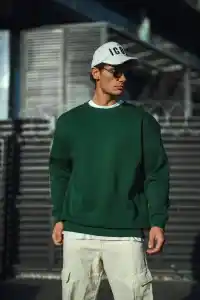 Erkek Bisiklet Yaka 3 İplik Pamuklu Basic SweatShirt - Haki