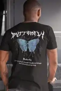 Erkek Tişort  Bisiklet Yaka Kelebek Baskılı Kısa kol T-Shirt - Siyah