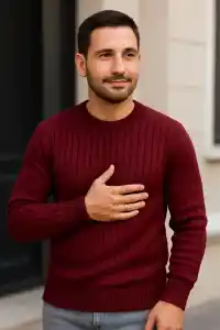 Erkek Bisiklet Yaka Triko Kazak Pamuklu Kalın Fitilli Dokuma Regular Fit - Bordo