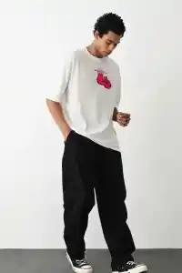 Erkek Boks eldiven Baskılı T-Shirt Kısa Kol Bisiklet Yaka Regular Tişört - Beyaz