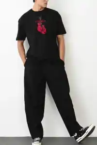 Erkek Boks Eldiven Baskılı T-Shirt Kısa Kol Bisiklet Yaka Regular Tişört - Siyah
