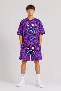 Erkek Çocuk Oversize Kalıp Pubg Bape X Shark Nakışlı Cepli Şort Takım - Mor