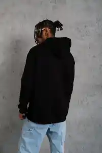 Erkek 3 İplik Pamuklu Kapüşonlu Baskılı Cepli Oversize Sweatshirt Hoodie - Siyah