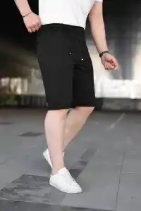 Erkek Diagonel Kumaş Duble Paça Cepli Bağcıklı Bel Lastikli ŞORT - Siyah