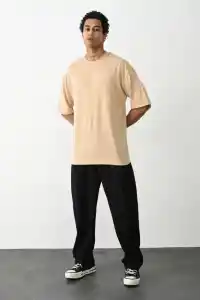 Erkek Tişört Düz Basic Penye Yazlık Bisiklet Yaka Kısa Kol T-Shirt - Bej