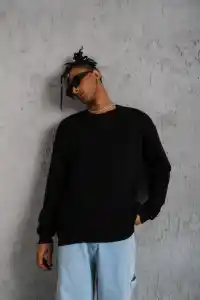 Erkek Bisiklet Yaka Baskılı 3 İplik Pamuklu Sweatshirt -  Siyah