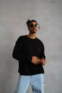 Erkek Bisiklet Yaka Baskılı 3 İplik Pamuklu Sweatshirt -  Siyah