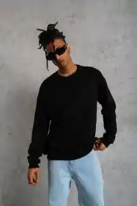 Erkek Bisiklet Yaka Baskılı 3 İplik Pamuklu Sweatshirt -  Siyah