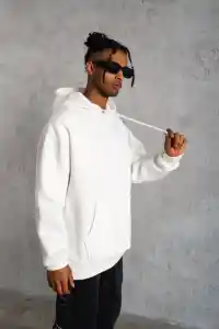 Erkek 3 İplik Pamuklu Kapüşonlu Kanguru Cepli Sweatshirt Hoodie - Beyaz