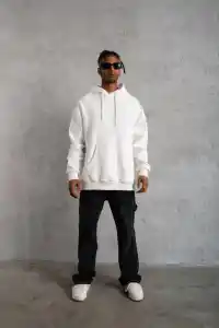 Erkek 3 İplik Pamuklu Kapüşonlu Kanguru Cepli Sweatshirt Hoodie - Beyaz