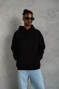 Erkek 3 İplik Pamuklu Kapüşonlu Kanguru Cepli Sweatshirt Hoodie -  Siyah