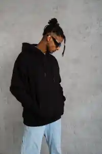 Erkek 3 İplik Pamuklu Kapüşonlu Kanguru Cepli Sweatshirt Hoodie -  Siyah