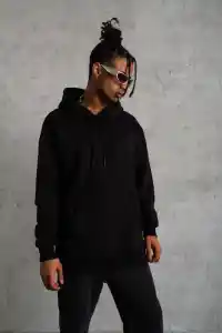 Erkek 3 İplik Pamuklu Kapüşonlu Kanguru Cepli Sweatshirt Hoodie -  Siyah