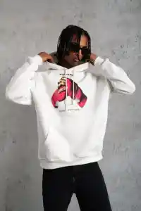 Erkek Kapüşonlu Cepli Boks Eldiven Baskılı 3 İplik Sweatshirt Hoodie - Beyaz