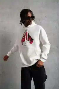 Erkek Kapüşonlu Cepli Boks Eldiven Baskılı 3 İplik Sweatshirt Hoodie - Beyaz