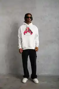 Erkek Kapüşonlu Cepli Boks Eldiven Baskılı 3 İplik Sweatshirt Hoodie - Beyaz