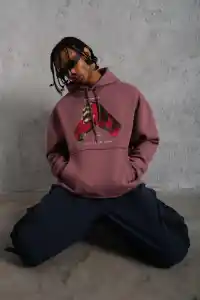 Erkek Kapüşonlu Cepli Box Eldiven Baskılı 3 İplik Sweatshirt Hoodie - Gül Kurusu