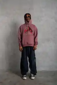 Erkek Kapüşonlu Cepli Box Eldiven Baskılı 3 İplik Sweatshirt Hoodie - Gül Kurusu