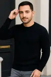 Erkek Fitilli Triko Bisiklet Yaka Kalın Kazak 4lü Set Beyaz-Haki-Bej-Siyah