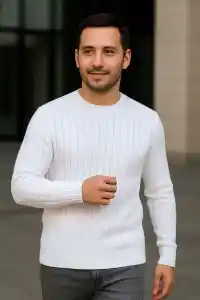 Erkek Fitilli Triko Bisiklet Yaka Kalın Kazak 4lü Set Beyaz-Haki-Bej-Siyah