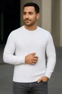 Erkek Fitilli Triko Bisiklet Yaka Kalın Kazak 4lü Set Beyaz-Haki-Bej-Siyah