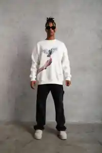Erkek Güvercin Baskılı 3 iplik pamuklu Bisiklet Yaka Sweatshirt - Beyaz