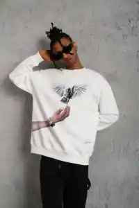 Erkek Güvercin Baskılı 3 iplik pamuklu Bisiklet Yaka Sweatshirt - Beyaz
