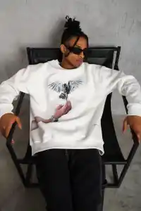 Erkek Güvercin Baskılı 3 iplik pamuklu Bisiklet Yaka Sweatshirt - Beyaz