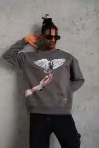 Erkek Güvercin Baskılı 3 iplik pamuklu Bisiklet Yaka Sweatshirt - Gri