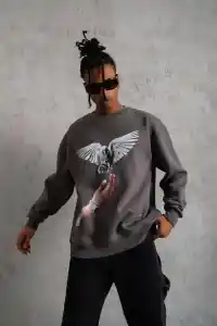 Erkek Güvercin Baskılı 3 iplik pamuklu Bisiklet Yaka Sweatshirt - Gri