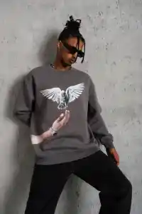 Erkek Güvercin Baskılı 3 iplik pamuklu Bisiklet Yaka Sweatshirt - Gri