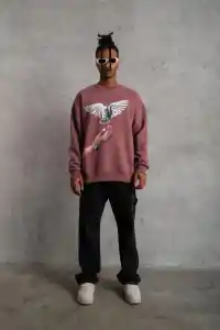Erkek Güvercin Baskılı Bisiklet Yaka Sweatshirt 3 iplik pamuklu - Gül Kurusu