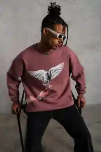 Erkek Güvercin Baskılı Bisiklet Yaka Sweatshirt 3 iplik pamuklu - Gül Kurusu