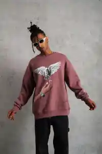 Erkek Güvercin Baskılı Bisiklet Yaka Sweatshirt 3 iplik pamuklu - Gül Kurusu